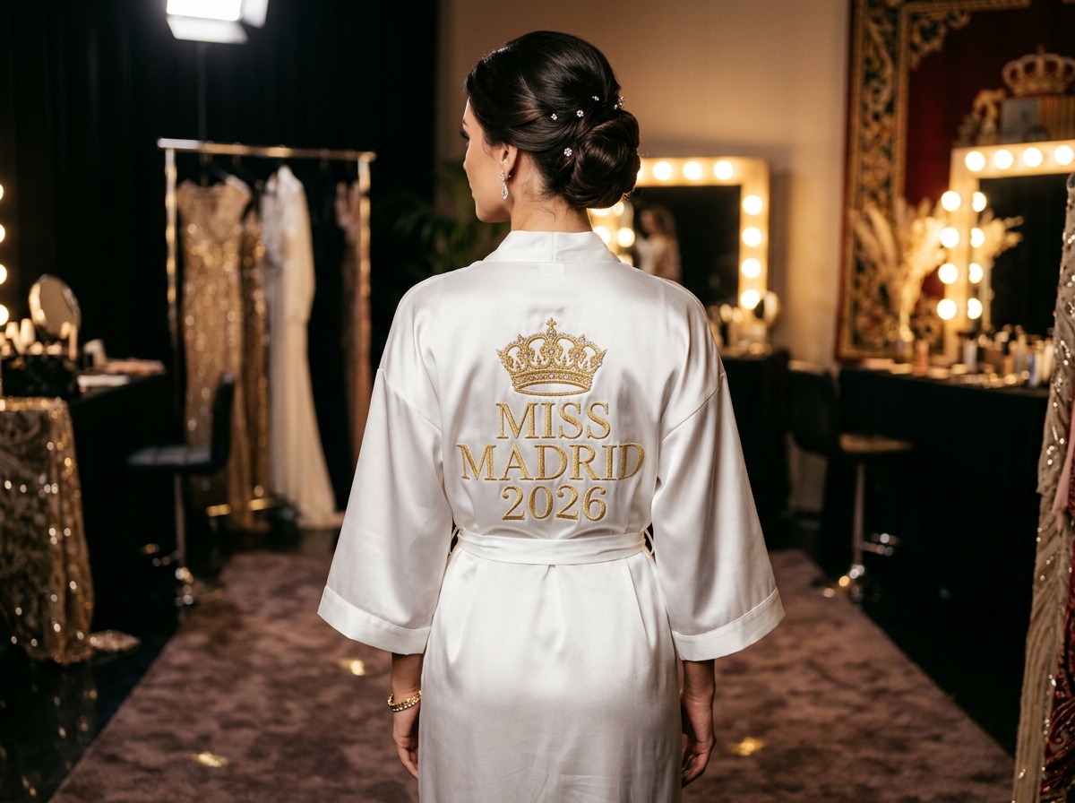 Ropa de baño personalizada con bordado de alta calidad presentada en un contexto elegante y cuidado para eventos. La escena muestra albornoces, toallas y complementos de baño personalizados, perfectamente doblados o colocados de forma sofisticada, con bordados visibles de nombres